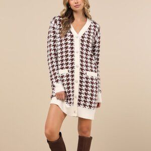 Lulus x LUSH Truly Iconic Ivory And Brown Houndstooth Cardigan Sweater Dress